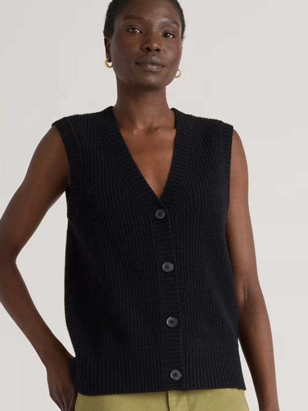 Quince Mongolian Cashmere Fisherman Sweater Vest / Size L / Black / Button Front